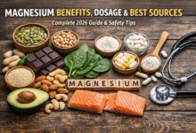 Magnesium supplements and magnesium-rich foods on a wooden table
