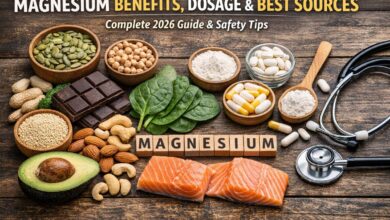 Magnesium supplements and magnesium-rich foods on a wooden table