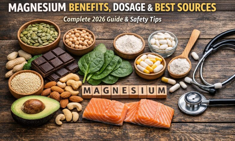 Magnesium supplements and magnesium-rich foods on a wooden table