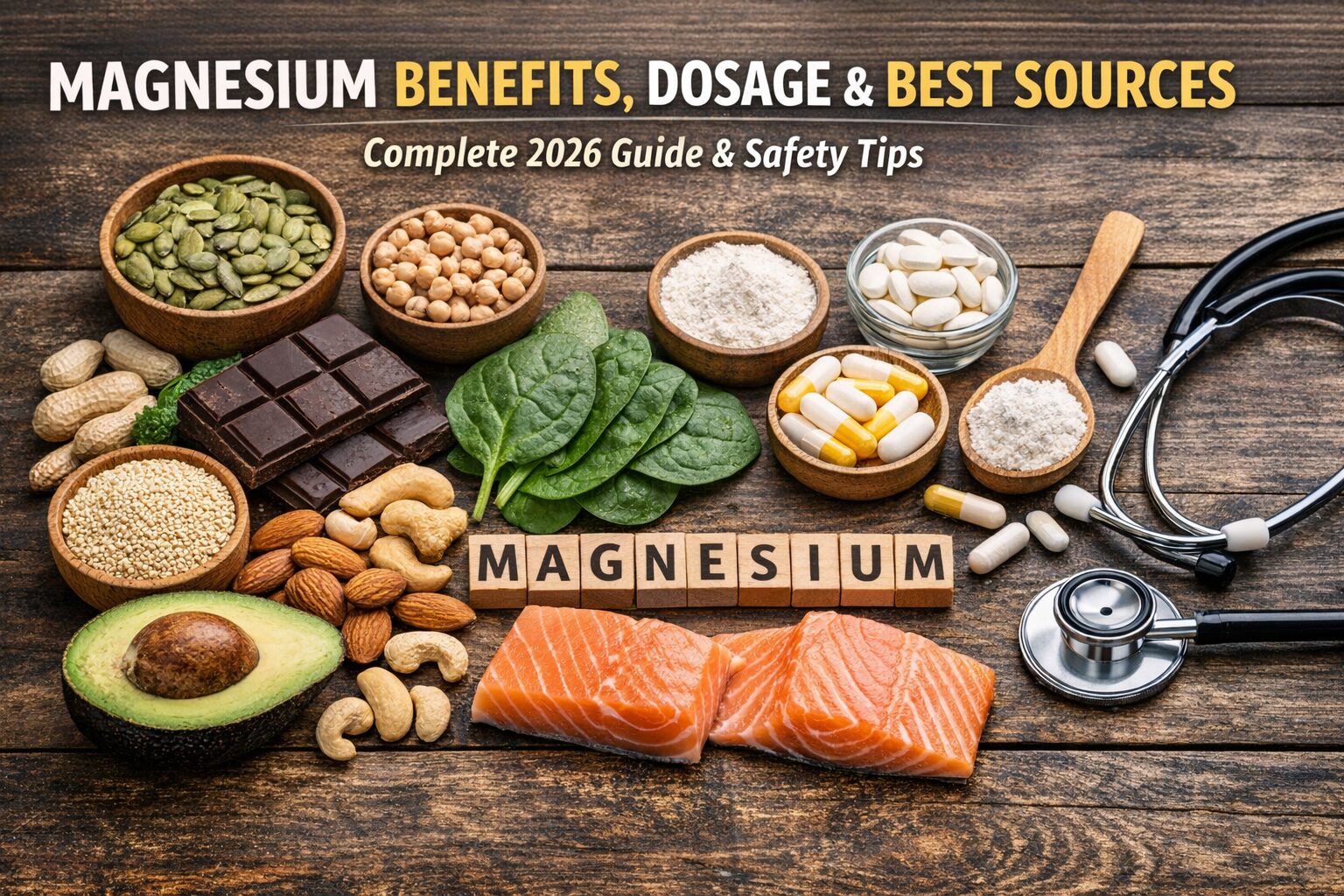 Magnesium supplements and magnesium-rich foods on a wooden table