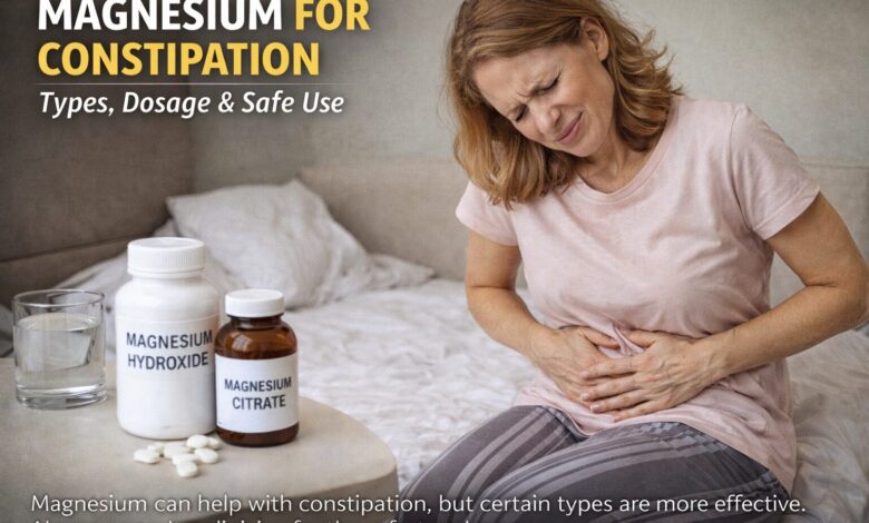 Woman with stomach discomfort illustrating constipation and magnesium laxative use