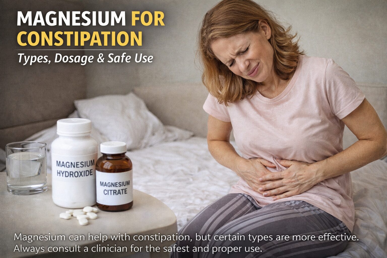 Woman with stomach discomfort illustrating constipation and magnesium laxative use