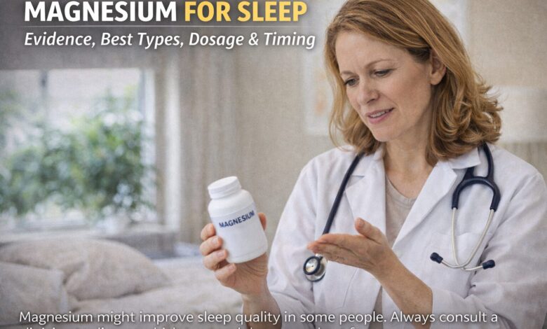 Female doctor reviewing magnesium supplement for sleep support in a clinic setting
