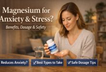 Woman holding magnesium supplement pills for anxiety and stress support, showing dosage and safety concept