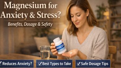 Woman holding magnesium supplement pills for anxiety and stress support, showing dosage and safety concept