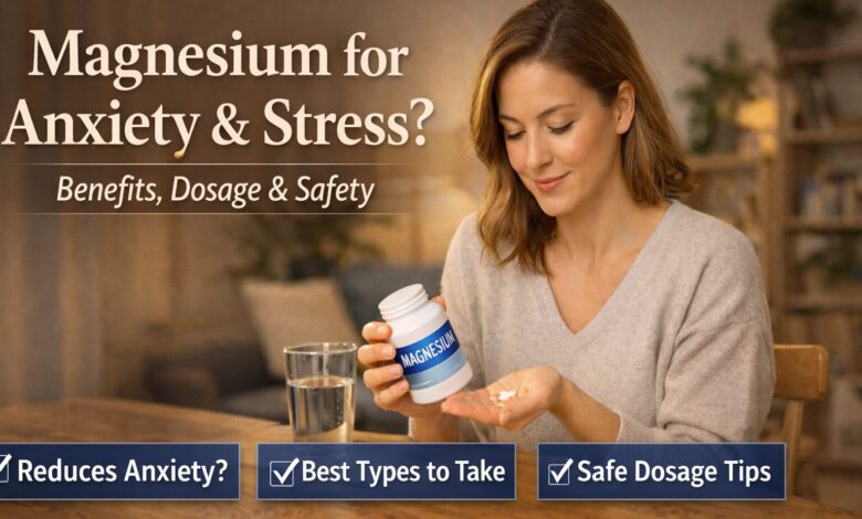 Woman holding magnesium supplement pills for anxiety and stress support, showing dosage and safety concept