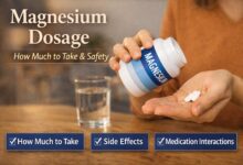 Person holding magnesium supplement bottle and pills illustrating magnesium dosage, side effects, and medication interactions