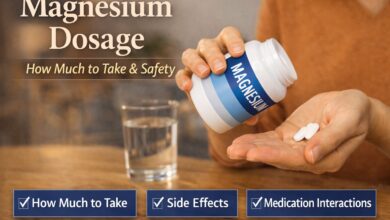 Person holding magnesium supplement bottle and pills illustrating magnesium dosage, side effects, and medication interactions