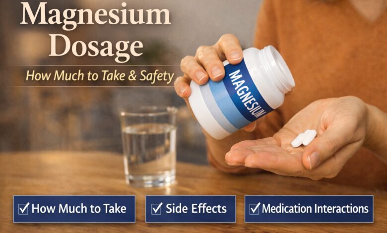 Person holding magnesium supplement bottle and pills illustrating magnesium dosage, side effects, and medication interactions