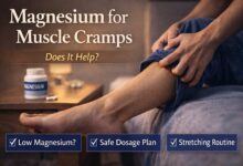 Person stretching calf muscle at night to relieve leg cramps with magnesium supplement concept