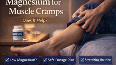 Person stretching calf muscle at night to relieve leg cramps with magnesium supplement concept