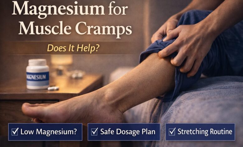 Person stretching calf muscle at night to relieve leg cramps with magnesium supplement concept