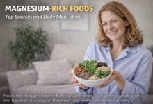 Woman holding a bowl of magnesium-rich foods like leafy greens, nuts, seeds, and legumes