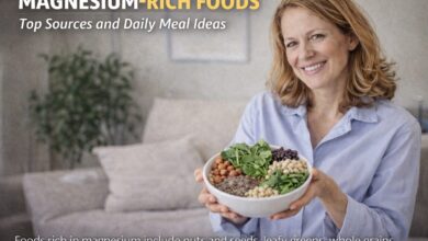 Woman holding a bowl of magnesium-rich foods like leafy greens, nuts, seeds, and legumes