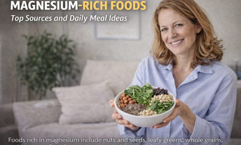 Woman holding a bowl of magnesium-rich foods like leafy greens, nuts, seeds, and legumes