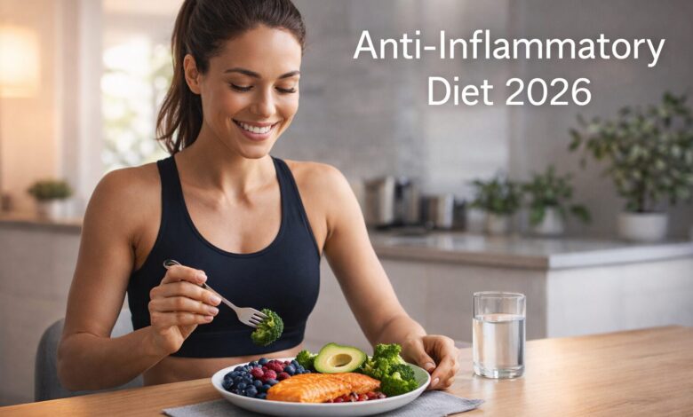 athletic woman eating anti inflammatory foods like salmon vegetables and avocado healthy lifestyle