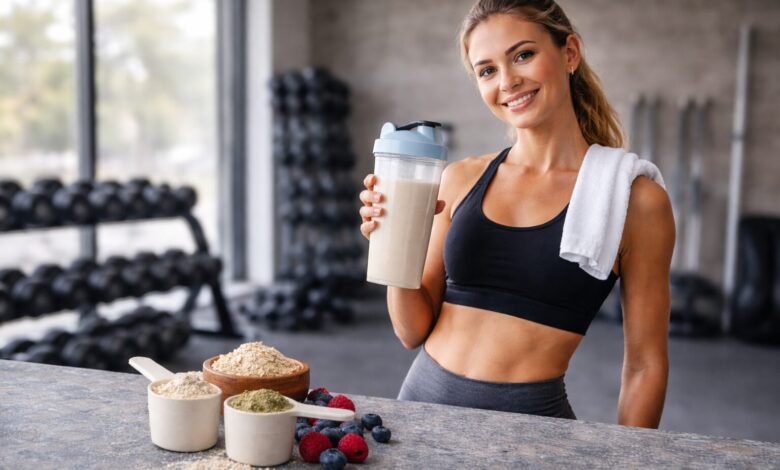 "Protein shake in blender bottle with oats and berries representing protein powder review for weight loss and satiety support"