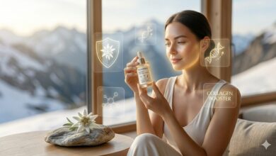 A premium featured image of a glowing BIOVERRA organic edelweiss anti-aging serum bottle nestled next to a pristine Edelweiss flower in the Austrian Alps during golden hour, with floating golden holographic icons illustrating its benefits.
