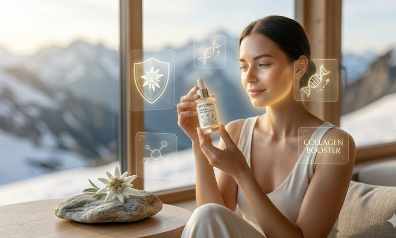 A premium featured image of a glowing BIOVERRA organic edelweiss anti-aging serum bottle nestled next to a pristine Edelweiss flower in the Austrian Alps during golden hour, with floating golden holographic icons illustrating its benefits.