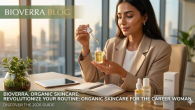 Professional career woman in a modern office setting applying Bioverra