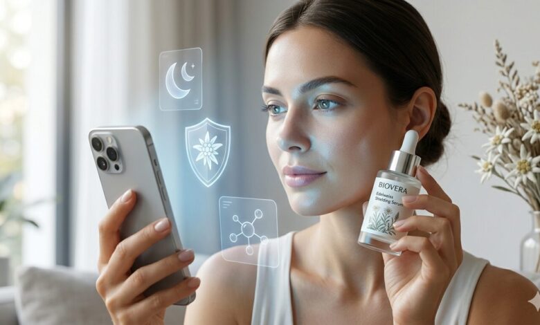A sophisticated woman applying BIOVERA organic serum to protect skin from digital pollution and blue light from a smartphone screen.