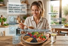 A young woman in a sunny kitchen preparing a vibrant, colorful bowl of high-fiber foods for weight loss, including lentils, berries, and vegetables. Floating holographic interfaces display text like 'HIGH-FIBER DIET FOR WEIGHT LOSS' and 'SIMPLE TARGETS'.