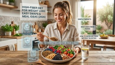 A young woman in a sunny kitchen preparing a vibrant, colorful bowl of high-fiber foods for weight loss, including lentils, berries, and vegetables. Floating holographic interfaces display text like 'HIGH-FIBER DIET FOR WEIGHT LOSS' and 'SIMPLE TARGETS'.