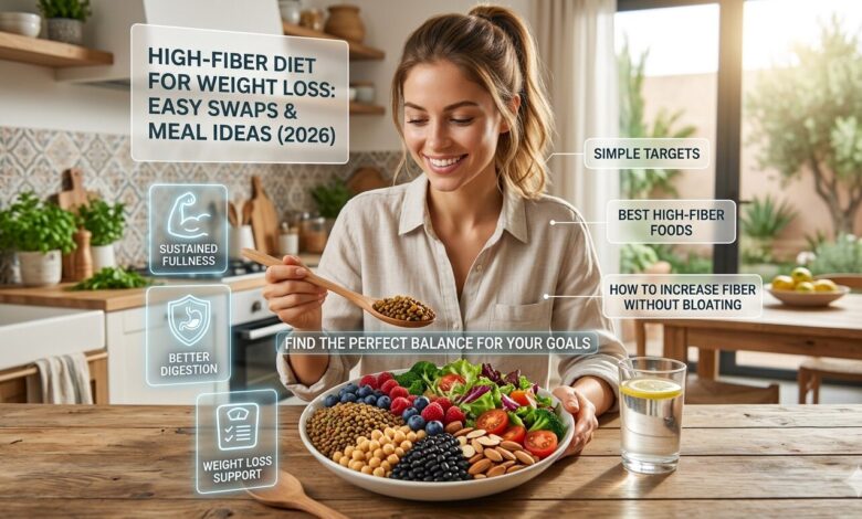A young woman in a sunny kitchen preparing a vibrant, colorful bowl of high-fiber foods for weight loss, including lentils, berries, and vegetables. Floating holographic interfaces display text like 'HIGH-FIBER DIET FOR WEIGHT LOSS' and 'SIMPLE TARGETS'.