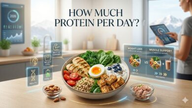 A professional guide to how much protein per day, featuring a balanced high-protein meal bowl with grilled chicken, eggs, and tofu. The image includes digital overlays comparing protein for weight loss and muscle support in a modern kitchen setting.