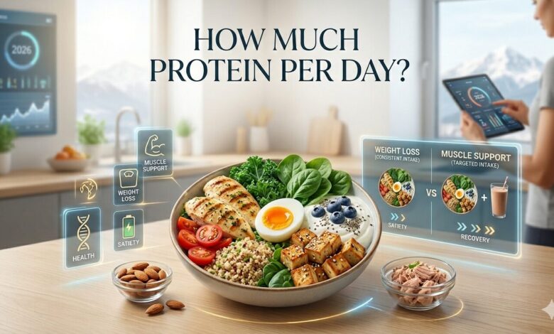A professional guide to how much protein per day, featuring a balanced high-protein meal bowl with grilled chicken, eggs, and tofu. The image includes digital overlays comparing protein for weight loss and muscle support in a modern kitchen setting.