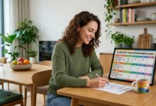 A person holds an open meal prep planner showing the 14-day diet structure, with a clear focus on simple steps like protein and vegetables at meals, designed for beginner weight loss.