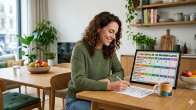 A person holds an open meal prep planner showing the 14-day diet structure, with a clear focus on simple steps like protein and vegetables at meals, designed for beginner weight loss.