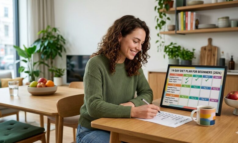 A person holds an open meal prep planner showing the 14-day diet structure, with a clear focus on simple steps like protein and vegetables at meals, designed for beginner weight loss.