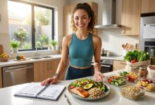 A smiling woman in a modern kitchen presenting a balanced healthy meal of salmon, quinoa, and salad as part of a 7-day meal plan with a grocery list for weight loss in 2026.