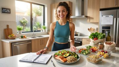 A smiling woman in a modern kitchen presenting a balanced healthy meal of salmon, quinoa, and salad as part of a 7-day meal plan with a grocery list for weight loss in 2026.