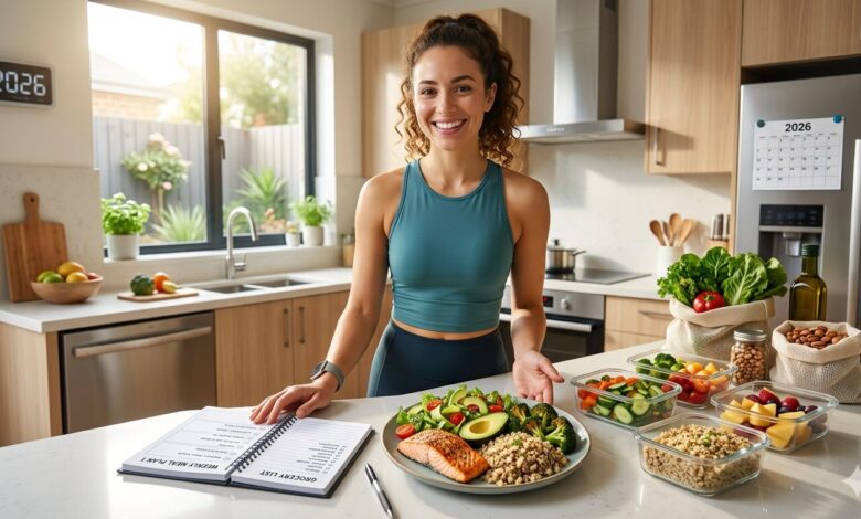 A smiling woman in a modern kitchen presenting a balanced healthy meal of salmon, quinoa, and salad as part of a 7-day meal plan with a grocery list for weight loss in 2026.
