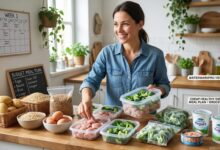 A person holds a meal prep container while following a cheap healthy diet plan for beginners, showing affordable ingredients like eggs, frozen vegetables, and beans arranged on a counter in 2026.