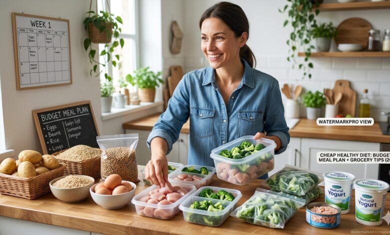 A person holds a meal prep container while following a cheap healthy diet plan for beginners, showing affordable ingredients like eggs, frozen vegetables, and beans arranged on a counter in 2026.