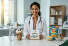 Dr. Sophia explaining foods to avoid for weight loss, showing liquid calories like soda and iced coffee, ultra-processed chips, and unmeasured sauces on a clinic desk.