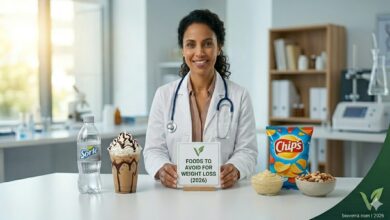 Dr. Sophia explaining foods to avoid for weight loss, showing liquid calories like soda and iced coffee, ultra-processed chips, and unmeasured sauces on a clinic desk.