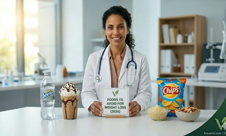 Dr. Sophia explaining foods to avoid for weight loss, showing liquid calories like soda and iced coffee, ultra-processed chips, and unmeasured sauces on a clinic desk.