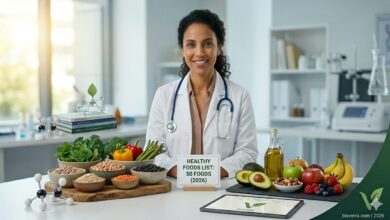 Dr. Sophia showcasing a healthy foods list with vegetables, fruits, and lean proteins for a structured diet plan in 2026.