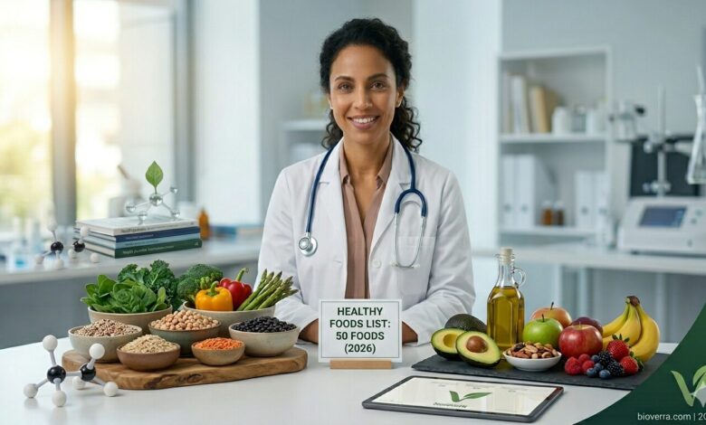 Dr. Sophia showcasing a healthy foods list with vegetables, fruits, and lean proteins for a structured diet plan in 2026.