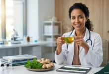 Professional female doctor holding a cup of herbal tea with ginger and peppermint, representing natural remedies to beat bloating fast.