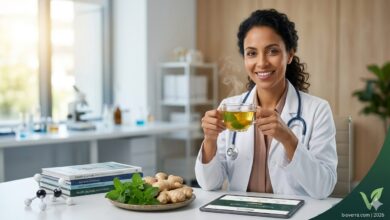 Professional female doctor holding a cup of herbal tea with ginger and peppermint, representing natural remedies to beat bloating fast.