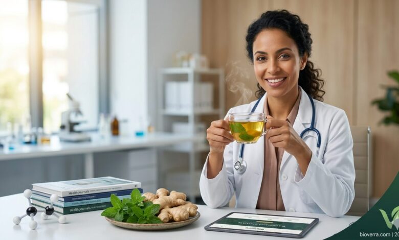 Professional female doctor holding a cup of herbal tea with ginger and peppermint, representing natural remedies to beat bloating fast.