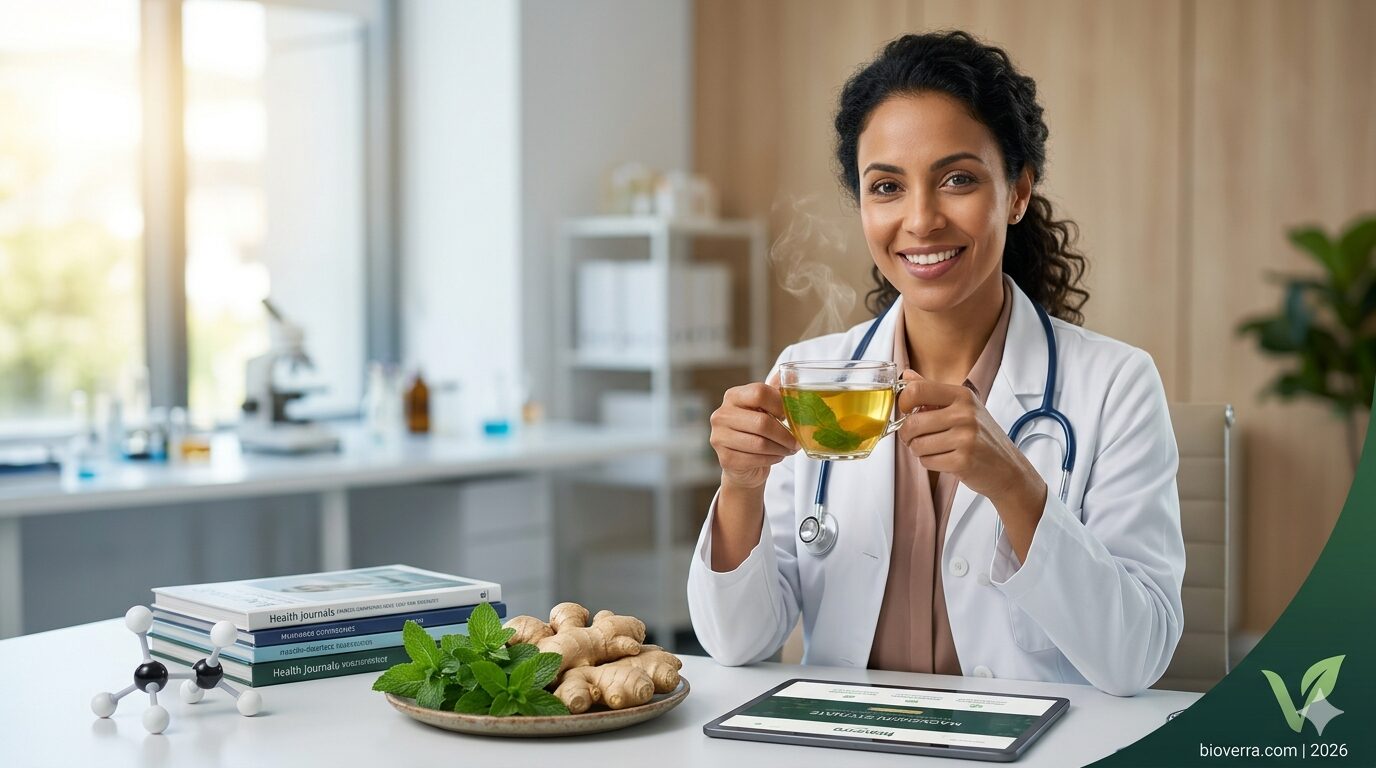 Professional female doctor holding a cup of herbal tea with ginger and peppermint, representing natural remedies to beat bloating fast.