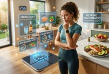 Professional aesthetic image of a woman analyzing her weight loss plateau in a modern kitchen with digital data overlays about sleep and