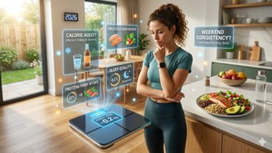 Professional aesthetic image of a woman analyzing her weight loss plateau in a modern kitchen with digital data overlays about sleep and