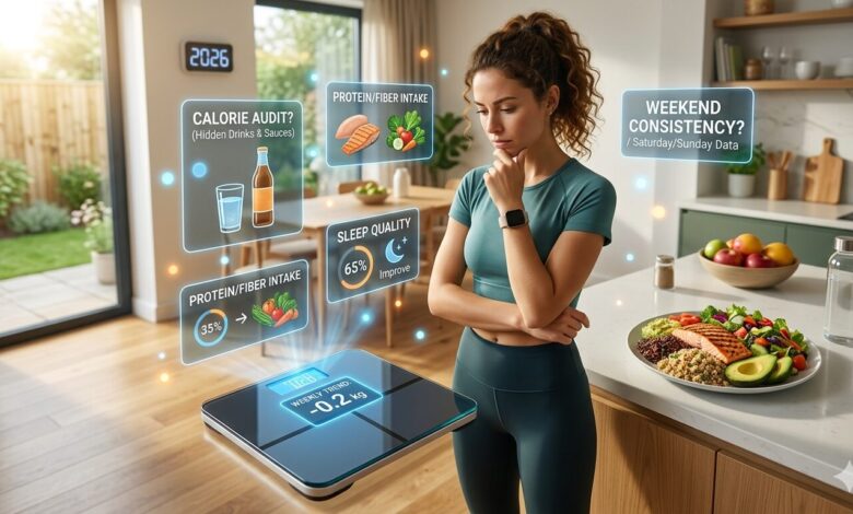 Professional aesthetic image of a woman analyzing her weight loss plateau in a modern kitchen with digital data overlays about sleep and